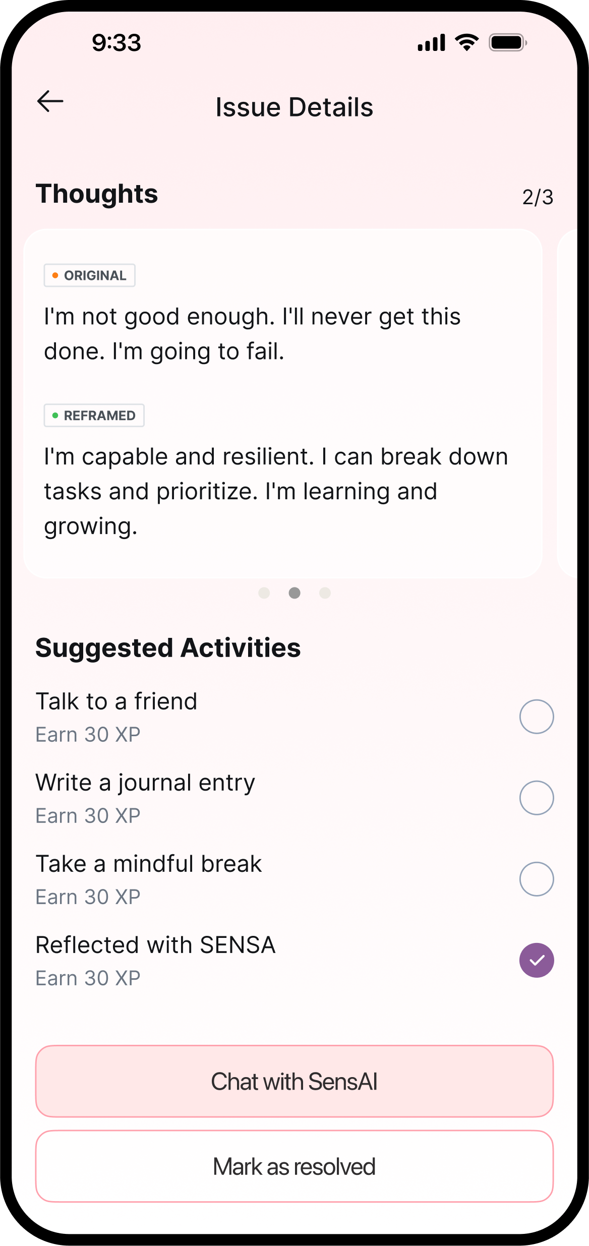 Issue Details - Thought reframing and activity suggestions