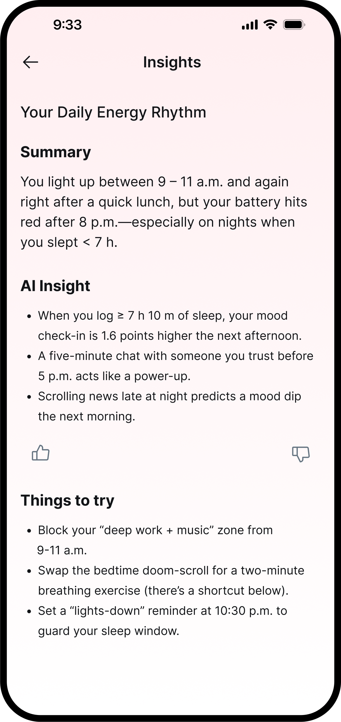 Insights - Daily Energy Rhythm tracking interface